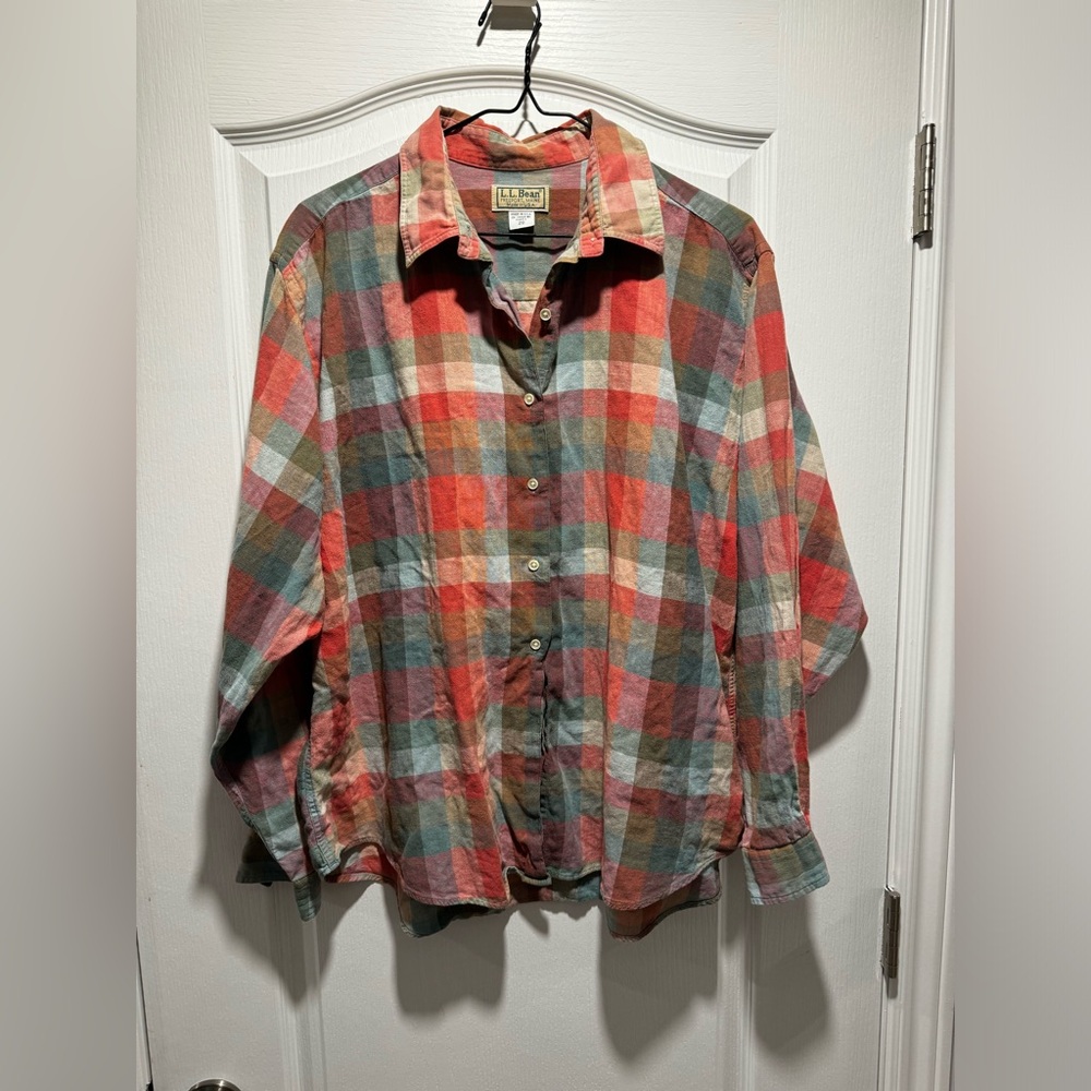 204-Vintage L.L. Bean Plaid Button Down Shirt Cotton Linen Blend Classic Top